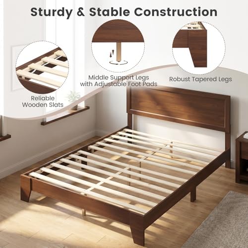 komfott queen size bed frame, mid-century modern platform showing dimensions