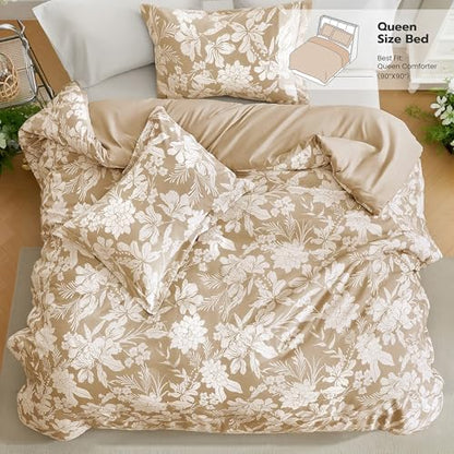 joiedomi floral queen comforter set beige bedding set shown in use