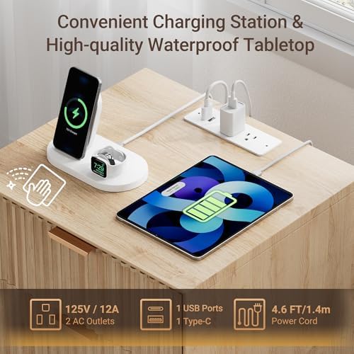fluted nightstand with charging station & beveled edges, side view