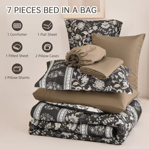 Boho Comforter Set Queen,Reversible Brown Gray Bedding Paisley 7 Piece