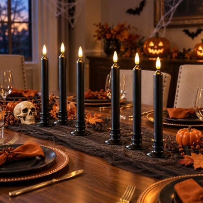 6 Pcs Halloween Black Flameless Taper Paraffin Wax Candles, Remote & Timer