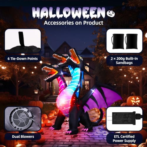 Thuodo 8 FT Tall Halloween Inflatables Dragon Outdoor Decorations Blow Up Yard Three-Headed Dragon with Built-in LEDs for Lawn Garden Holiday Indoor Party Decor