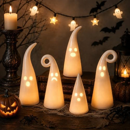 Parsin 5 PCS Ceramic Ghost Light Up Decor, Cute Halloween Decor