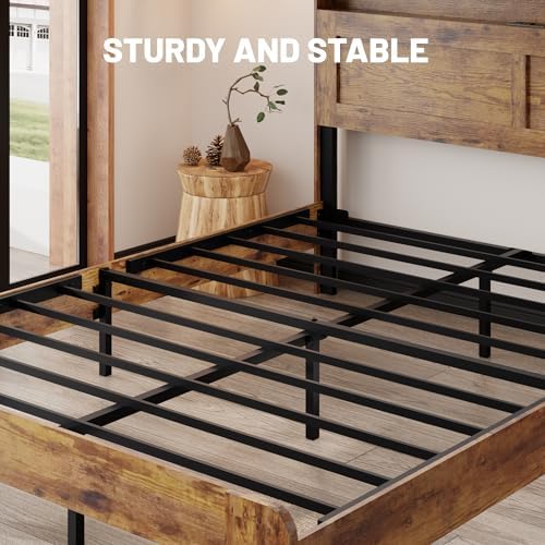 wooden bed frame king size with storage headboard, front angle view
