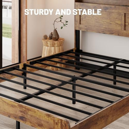 wooden bed frame king size with storage headboard, front angle view