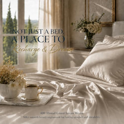 luxury bed sheet set, taupe, queen (u.s. standard), close-up detail