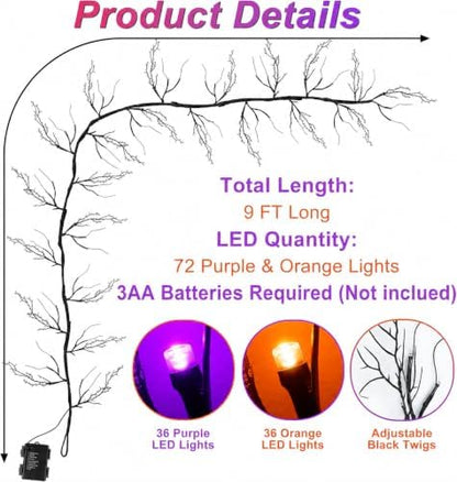 9 FT 72 LED Willow Vine Twig Decor Black Halloween Garland with Orange Purple Lights, Timer 8 Modes Waterproof Battery Operated Indoor Halloween Decorations for Wall Fireplace Mantle Home Office Decor