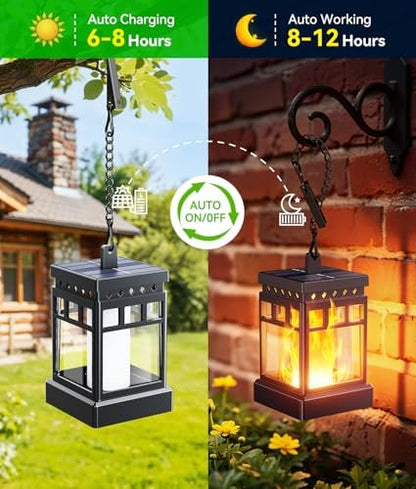 KOOPER Hanging Solar Lanterns Outdoor Waterproof, 4PCS Flickering Flame Hanging Solar Lights for Outside, Outdoor Solar Lanterns up to 12 Hours, Halloween Lanterns Decorative for Patio Yard Garden