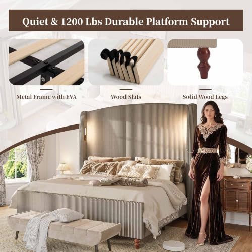 66" extra tall king upholstered wingback bed with showing dimensions