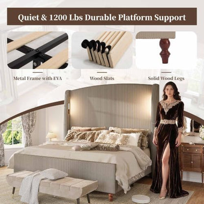 66" extra tall king upholstered wingback bed with showing dimensions