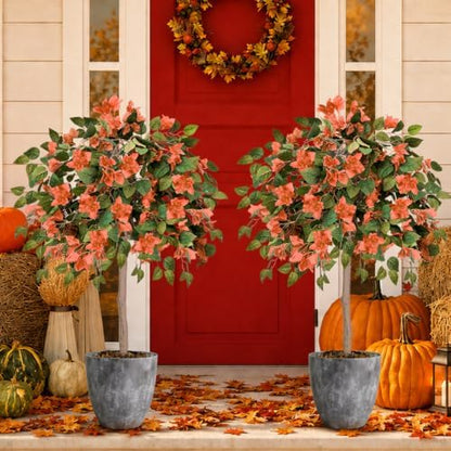 2PCS Fall Tree 4FT Artificial Bougainvillea Tree with Ground Spike UV Resistant Fake Orange Flower Topiary Plants for Outdoor Garden Patio Front Porch Autumn Thanksgiving Halloween Decor