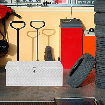 tuffiom 30" aluminum truck bed tool box, heavy showing dimensions
