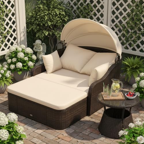 tangkula pe rattan patio daybed with retractable canopy, side view