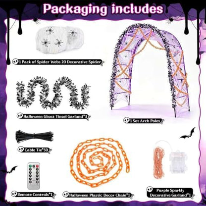7Pcs Halloween Outdoor Arch Decor, 1 Arches 20 Spiders 3 Tinsel Garland