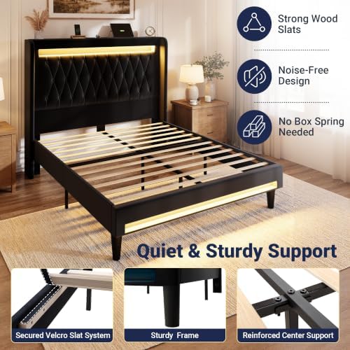 allewie queen size upholstered bed frame with led on a desk or shelf