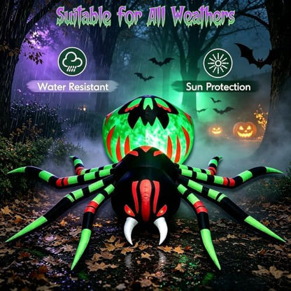 11FT Halloween Inflatables Spider Outdoor Decorations for Yard, Giant Blow up Green Spider with Rotating Fire Flame Light, Large Spooky Spider for Halloween Party Garden Lawn House Holiday Decor