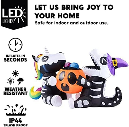 Joiedomi 6 FT Halloween Inflatables Outdoor Decorations, Sitting Skeleton Unicorn & Dinosaur with Pumpkin Blow Up Yard Decor, LED Lighted Holiday Lawn Garden Patio Outside Inflatables Decor