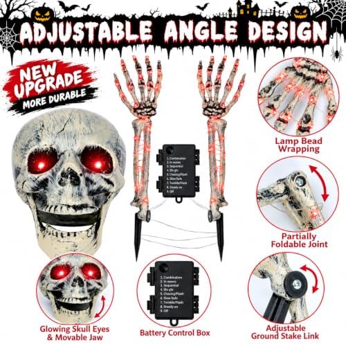 Halloween Skeleton Decorations Outdoor, Light Up Skull Head & Skeleton Hands Stake Lights with Red LED, Battery Operated Halloween Yard Decor for Lawn, Garden, Graveyard, Haunted House & Party