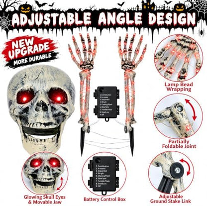 Halloween Skeleton Decorations Outdoor, Light Up Skull Head & Skeleton Hands Stake Lights with Red LED, Battery Operated Halloween Yard Decor for Lawn, Garden, Graveyard, Haunted House & Party