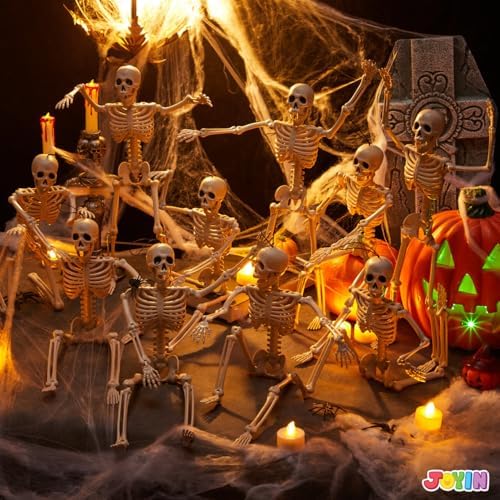 JOYIN 12 PCS 16" Halloween Skeleton Decor, Full Body Movable Stayable Joints Plastic Skeleton, Posable Hanging Skeletons for Halloween Decoration Indoor Outdoor, Graveyard Yard Party Decor