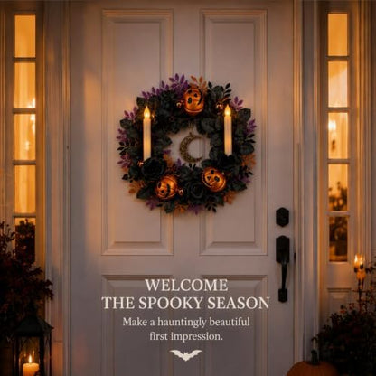 18'' Halloween Wreath with Lights, Black Roses, Crow, Pumpkin