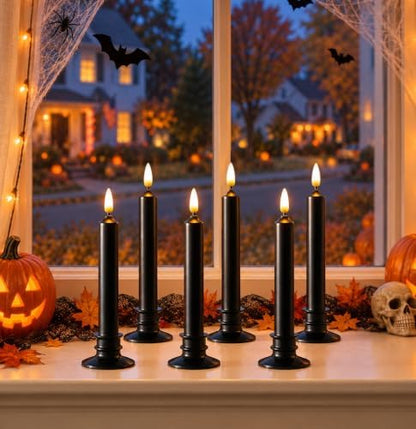 6 Pcs Halloween Black Flameless Taper Paraffin Wax Candles, Remote & Timer