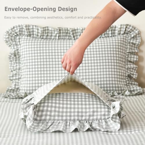 RYNGHIPY Gingham Comforter Set Twin 5 Pieces Gray Ruffle Plaid Bedding Set