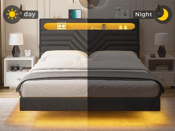 HAUOMS LED Floating Bed Frame Queen Size with Storage Headboard, Dark Grey
