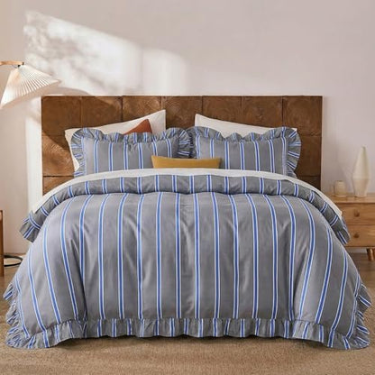 merryword blue and gray striped duvet cover set, close-up detail