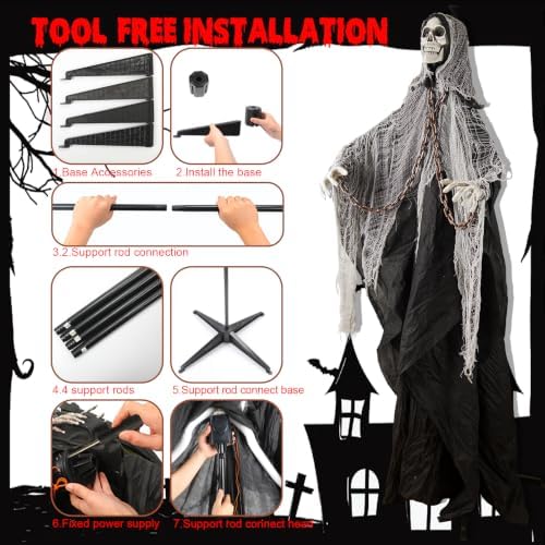 Halloween Skeleton With LED Red Glowing Eyes, Sound & Touch Activated Motion, Audio & Swaying Body, Adjustable Joint Arms for Theme Party, Yard, Lawn, Indoor Outdoor Display Gray Clothes