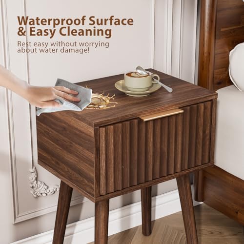 vingli night stand, fluted nightstand wood, mid century, front angle view