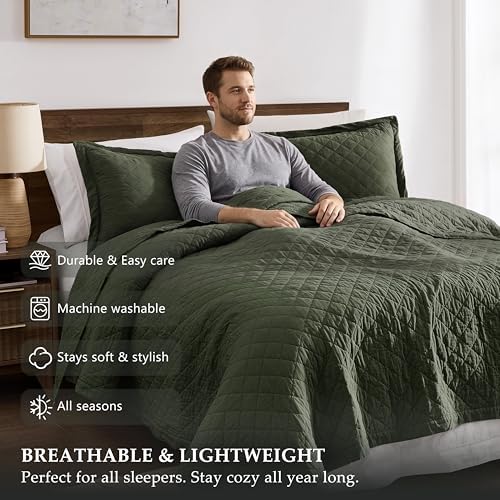 wdcozy 100% cotton quilt set, pre-washed, twin, olive shown in use