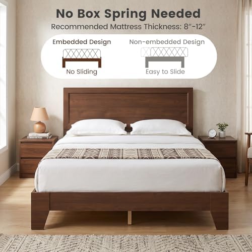 komfott queen size bed frame, mid-century modern platform, front angle view