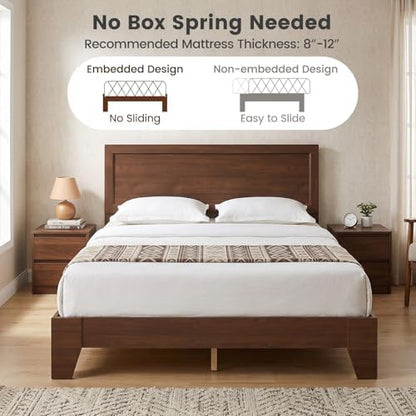 komfott queen size bed frame, mid-century modern platform, front angle view