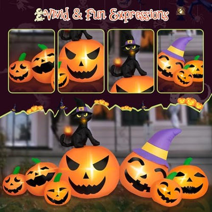 8FT Long Halloween Inflatables Pumpkin Outdoor Decorations, 7 Blow Up Pumpkins Inflatables with Witch Hat & Black Cat Built-in LED Lights for Halloween Party Yard Garden Lawn Decorations