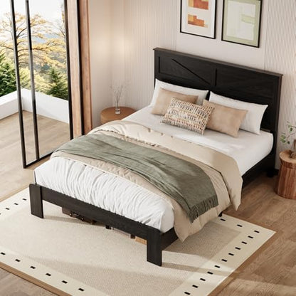 queen size farmhouse wooden bed frame with headboard showing dimensions