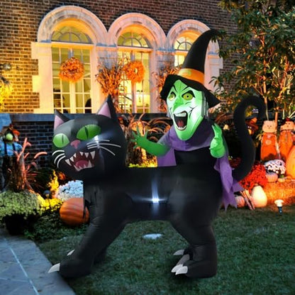 LANGXUN 8ft Witch Riding Black Cat Halloween Inflatable