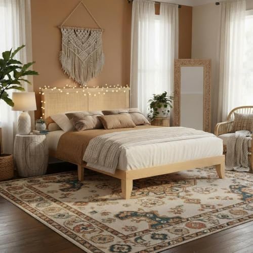 garvee bohemian king rattan bed led natural headboard, side view