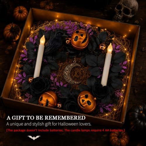 18'' Halloween Wreath with Lights, Black Roses, Crow, Pumpkin
