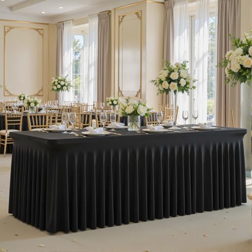 Besutolife 4 Pack Black Spandex Table Cloth for 6ft Rectangle Tables, Wrinkle Free Spandex Table Covers 6ft, Stretch Tablecloth with Skirt for Wedding Banquet Party Halloween Decorations
