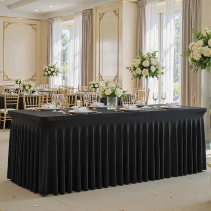 Besutolife 4 Pack Black Spandex Table Cloth for 6ft Rectangle Tables, Wrinkle Free Spandex Table Covers 6ft, Stretch Tablecloth with Skirt for Wedding Banquet Party Halloween Decorations
