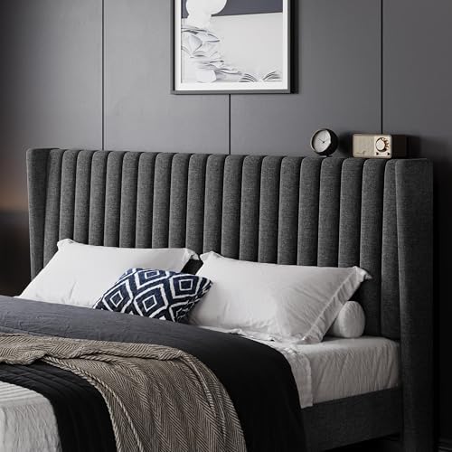 yaheetech king bed frame with headboard, dark gray, view 9