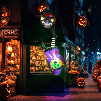 8 FT Hanging Halloween Inflatables Outdoor Decorations Black Cat and Witch