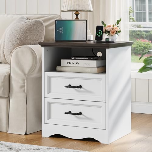 yansnwo white nightstand with charging station, 19.7" 2-drawer shown in use