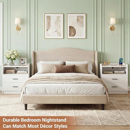 aheaplus nightstand with charging station, large 2 drawers shown in use