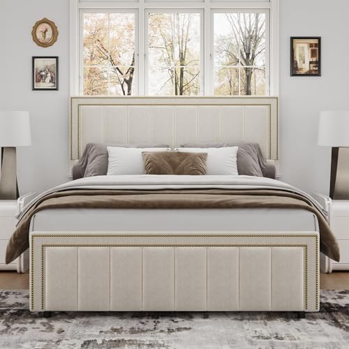 barnfurin queen bed frame chenille with tall nailhead, close-up detail