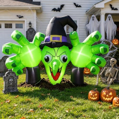 6FT Giant Halloween Inflatables Wicked Witch with Huge Grabbing Hands, LED Halloween Blow Ups Decorations, Creepy Inflatable Halloween Decorations Outdoor for Yard, Lawn, Garden, Porch and Party