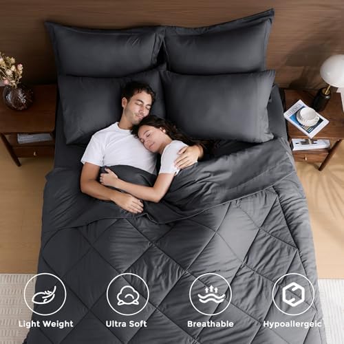 HEVUMYI 7-Piece California King Comforter Set, Dark Grey Bed in a Bag