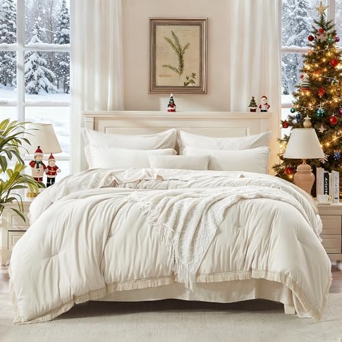 andency full comforter set, 7 pieces beige bedding, side view