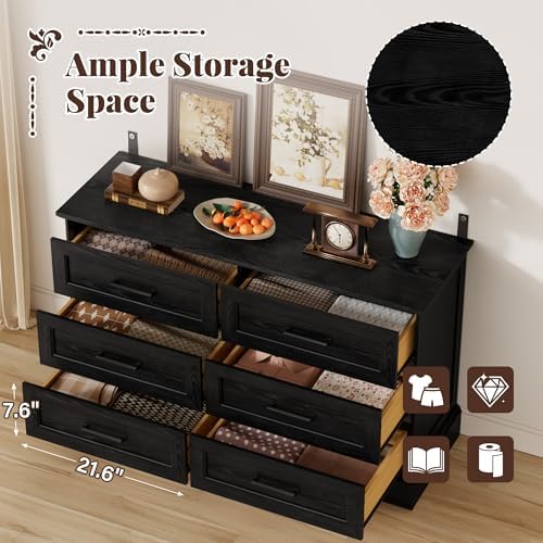 furmax farmhouse dresser for bedroom, 6 drawers dresser showing dimensions